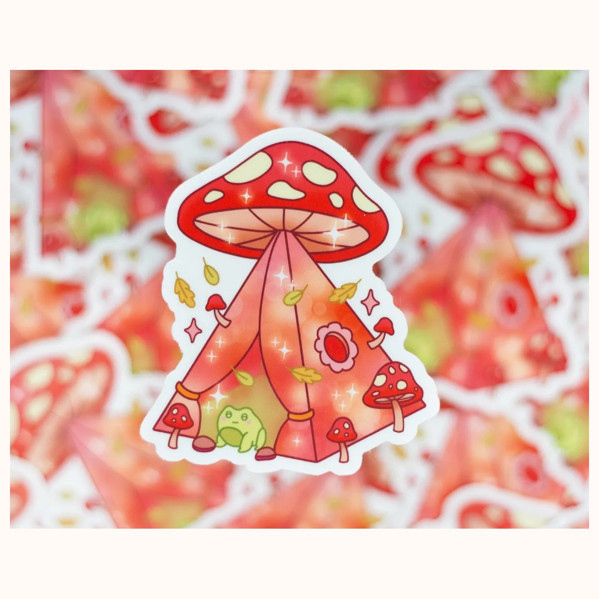 Mushroom Tent Vinyl Waterproof Sticker | Cute Kawaii Cottagecore Frog Laptop Decal view 3