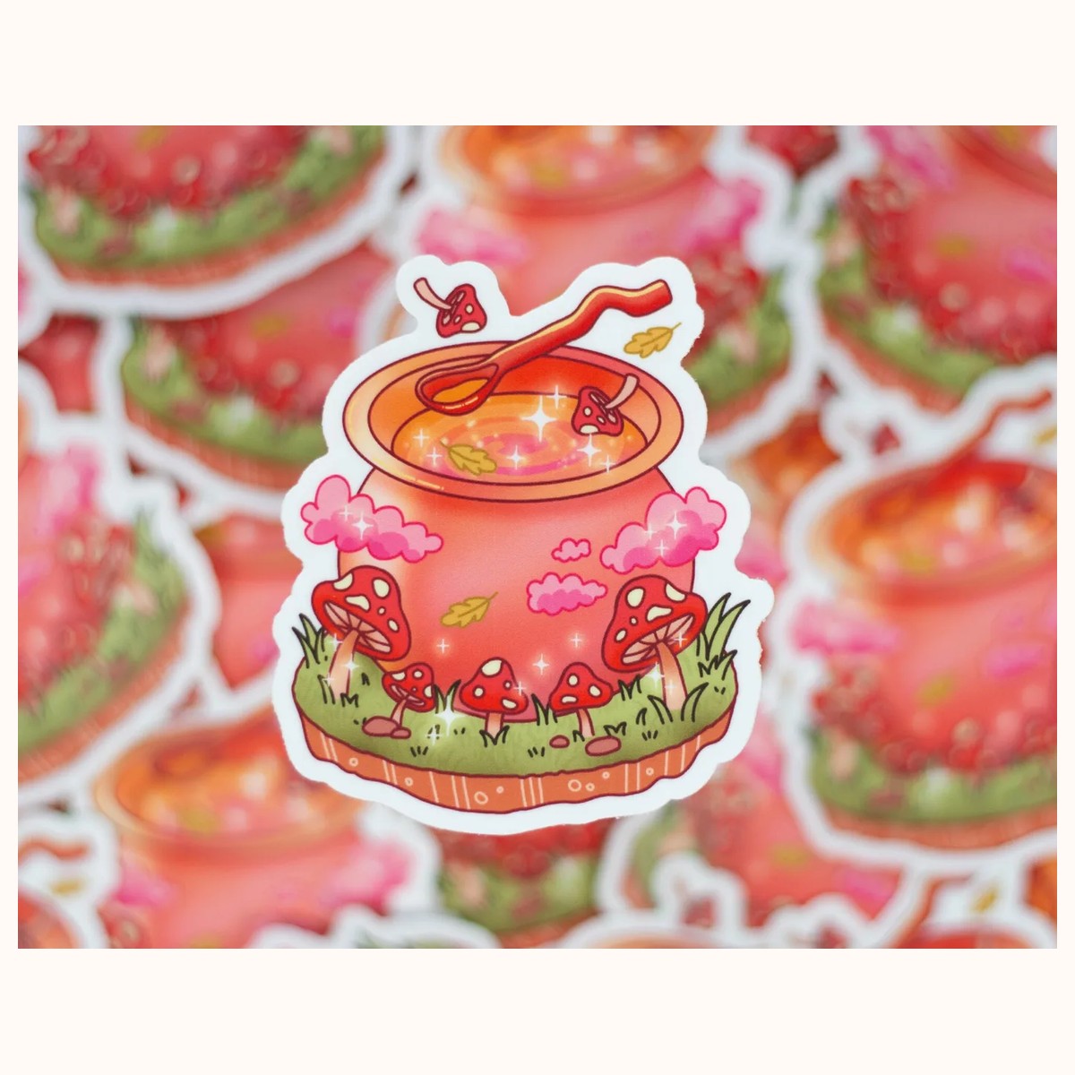 Mushroom Cauldron Vinyl Waterproof Sticker | Cute Kawaii Cottagecore Autumn Fall Witch Laptop Decal view 3