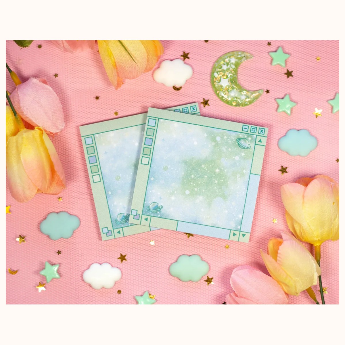 Green Galaxy Window Sticky Note | Cute Kawaii Dreamy Space Aesthetic Stationery Memo Pad by Farouk Book Store