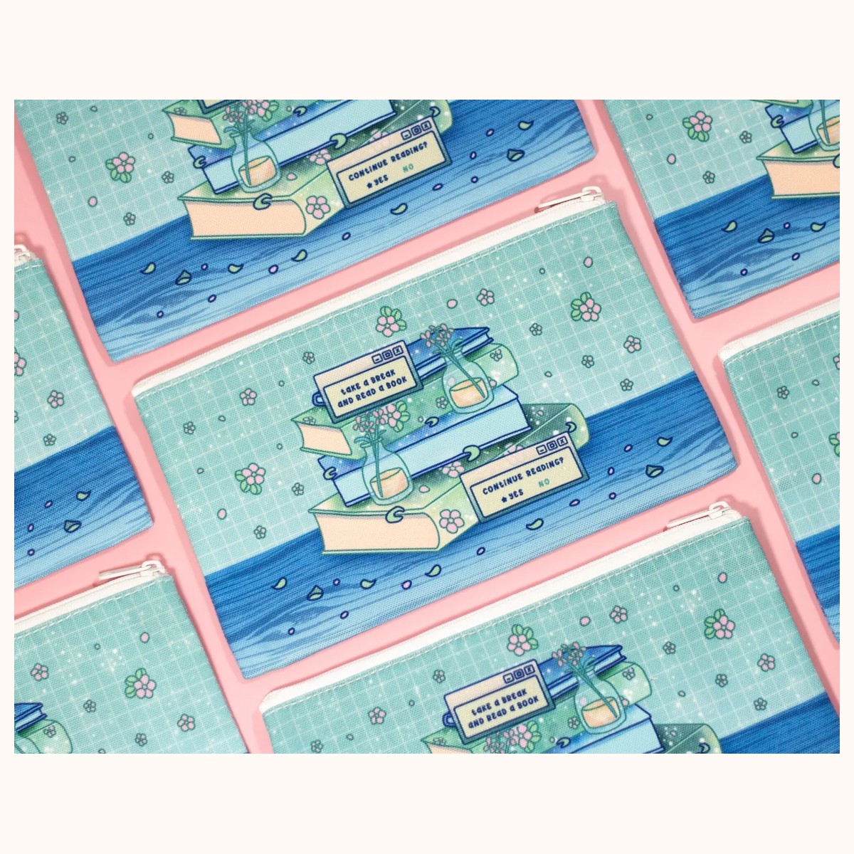Stacked Books Cute Aesthetic Pencil Case | Bookworm Canvas Bag Zipper Pouch view 5