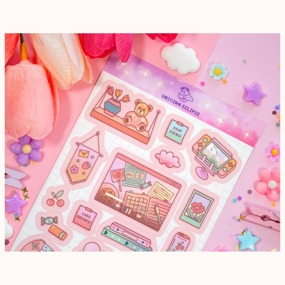 Study Break Aesthetic Sticker Sheet | Planner Stickers, Kawaii Stickers view 3