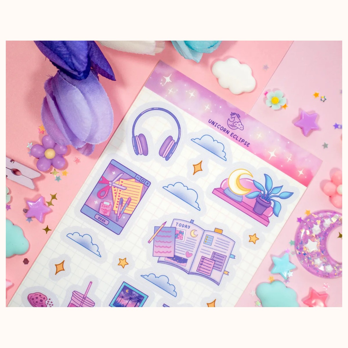 Study Night Aesthetic Sticker Sheet | Planner Stickers, Kawaii Stickers view 2