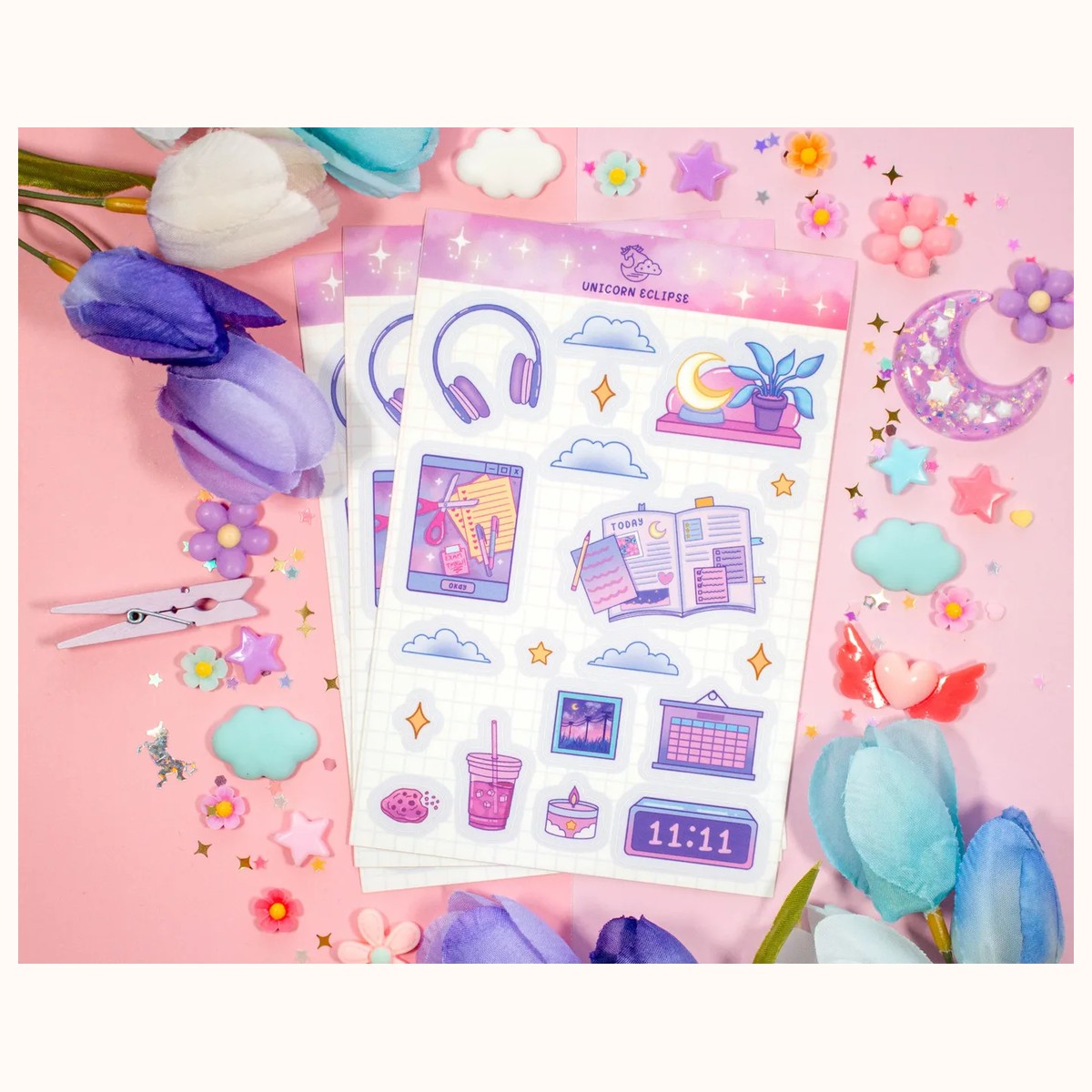 Study Night Aesthetic Sticker Sheet | Planner Stickers, Kawaii Stickers view 3