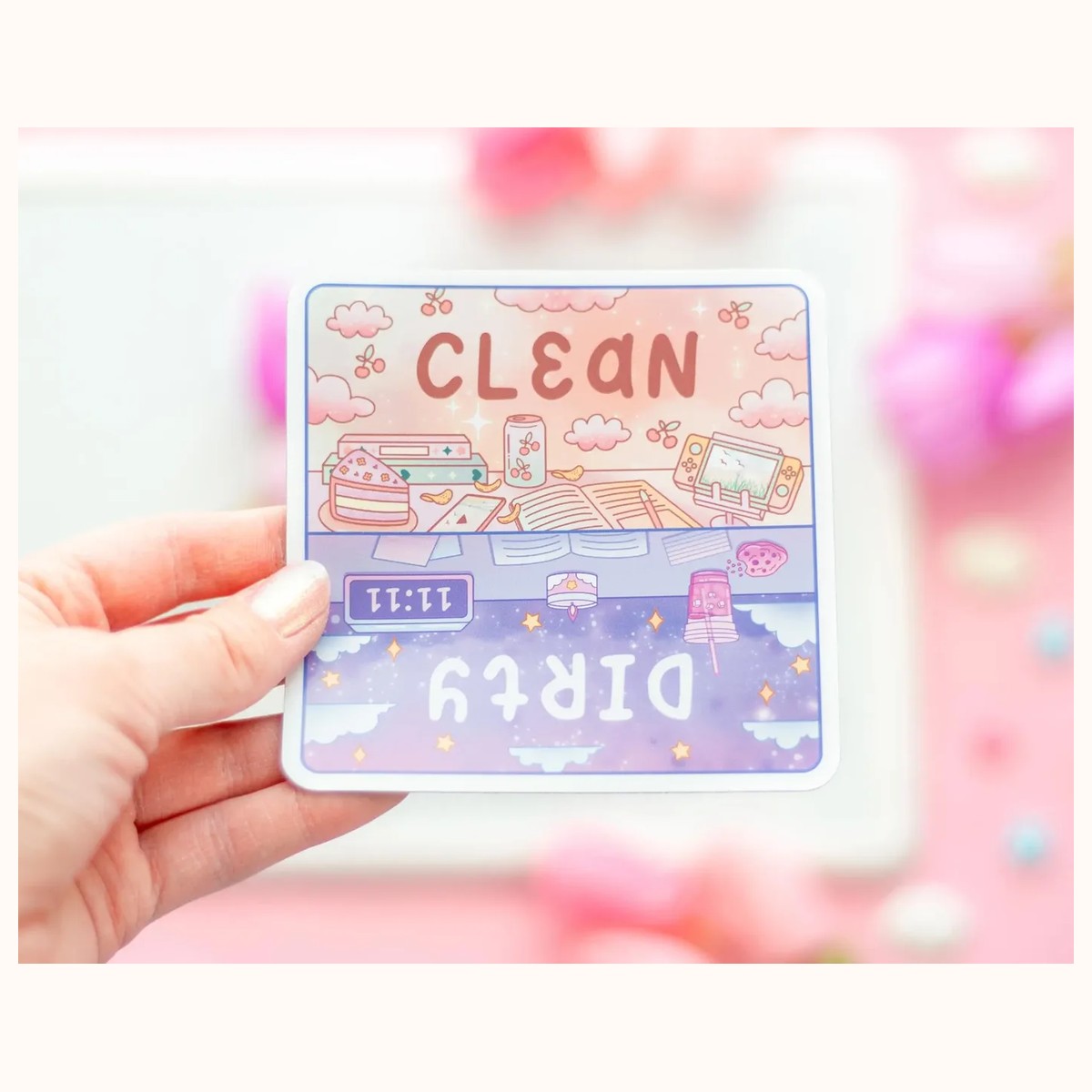 Study Cute Aesthetic Dishwasher Square Magnet | Clean and Dirty Text by Farouk Book Store
