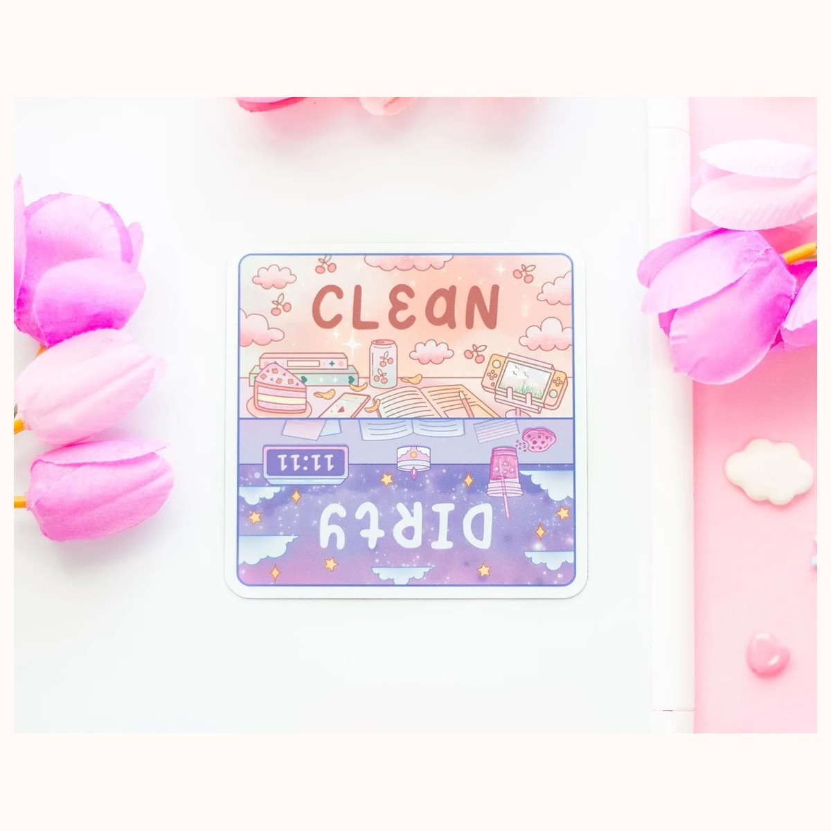Study Cute Aesthetic Dishwasher Square Magnet | Clean and Dirty Text view 3