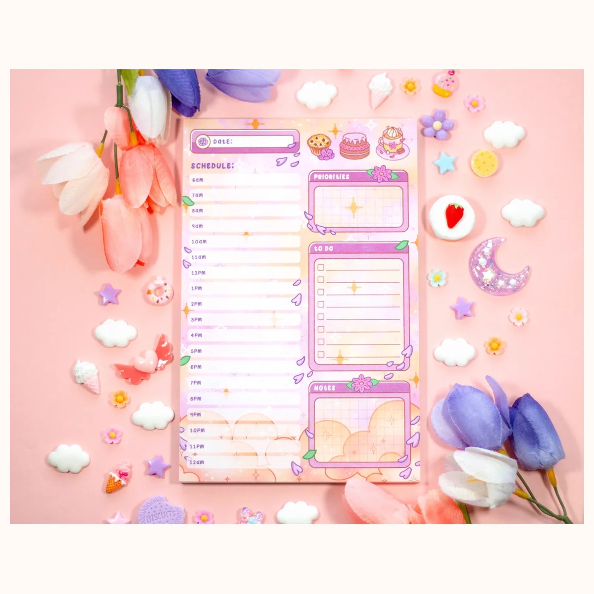 Cafe Quest Hourly Planner Pad | Dreamy Floral Cute Kawaii Art Aesthetic Stationery, notepads from Farouk Book Store