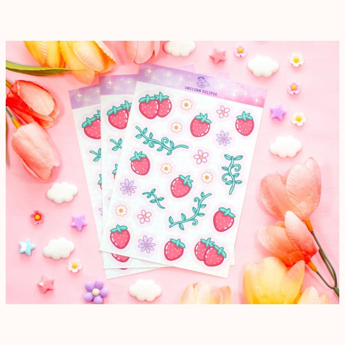Strawberries Aesthetic Sticker Sheet | Planner Stickers, Kawaii Stickers view 2