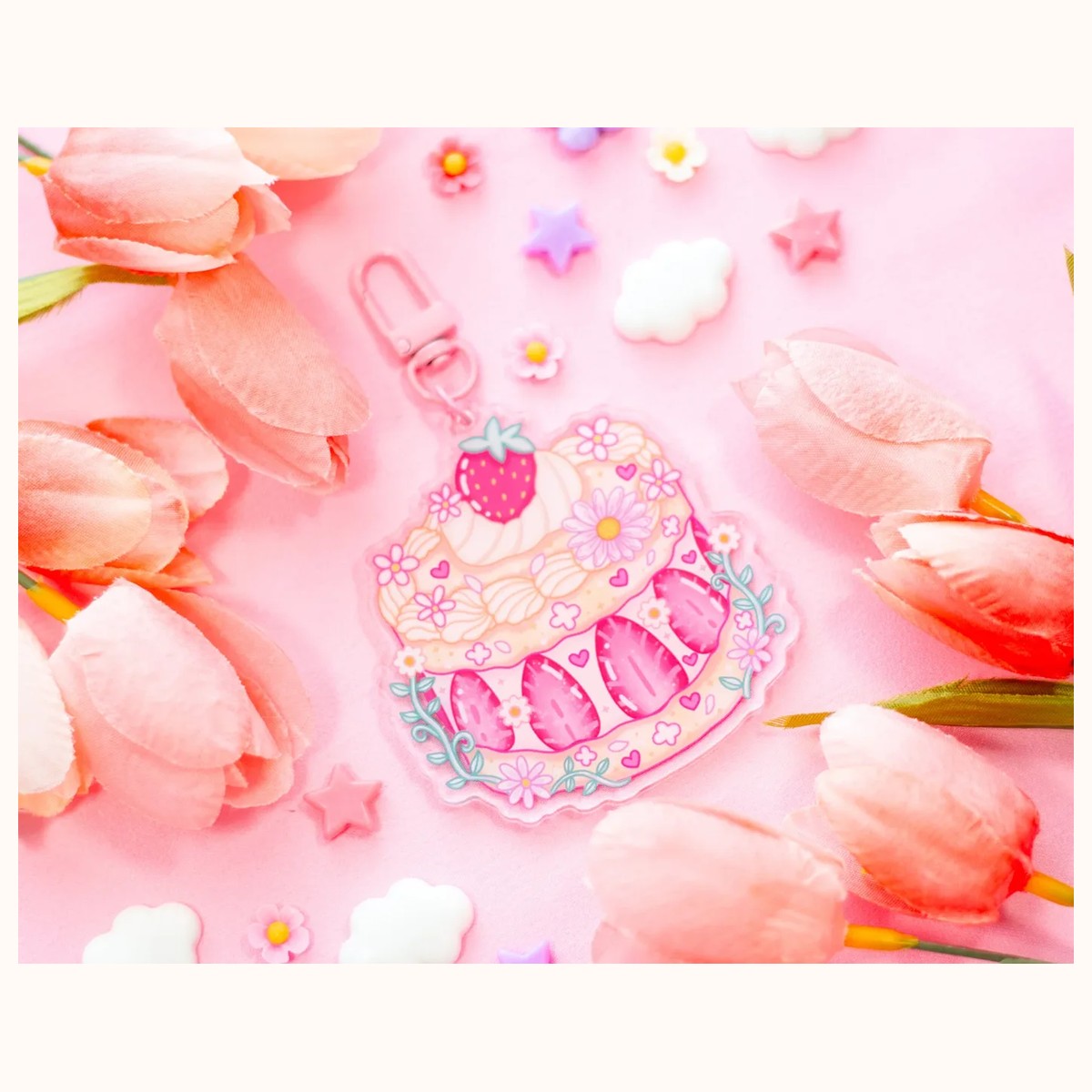 Strawberry Cake Aesthetic Cute Acrylic Charm Keychain view 3