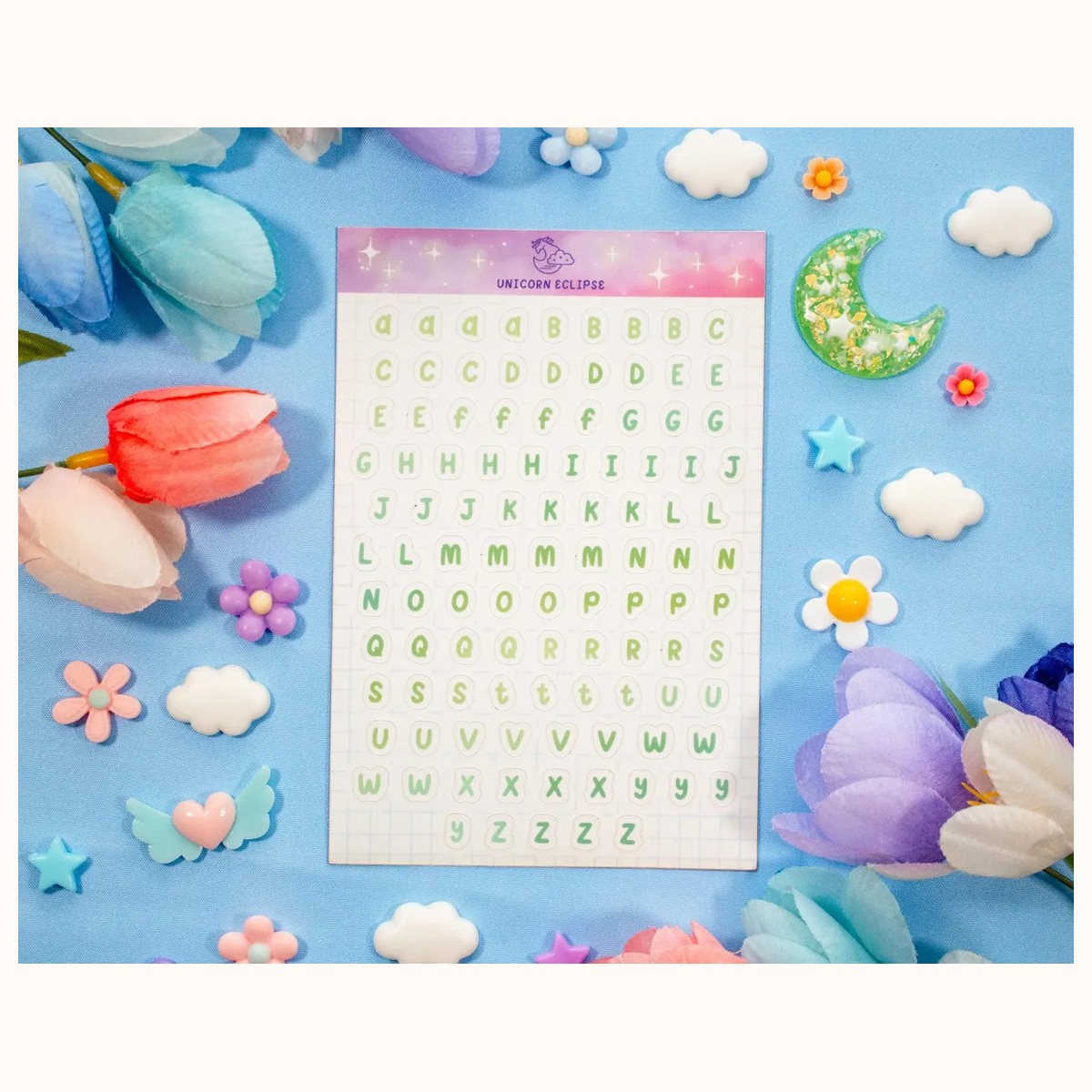 Alphabet (green) Aesthetic Matte Sticker Sheet, stickers from Farouk Book Store