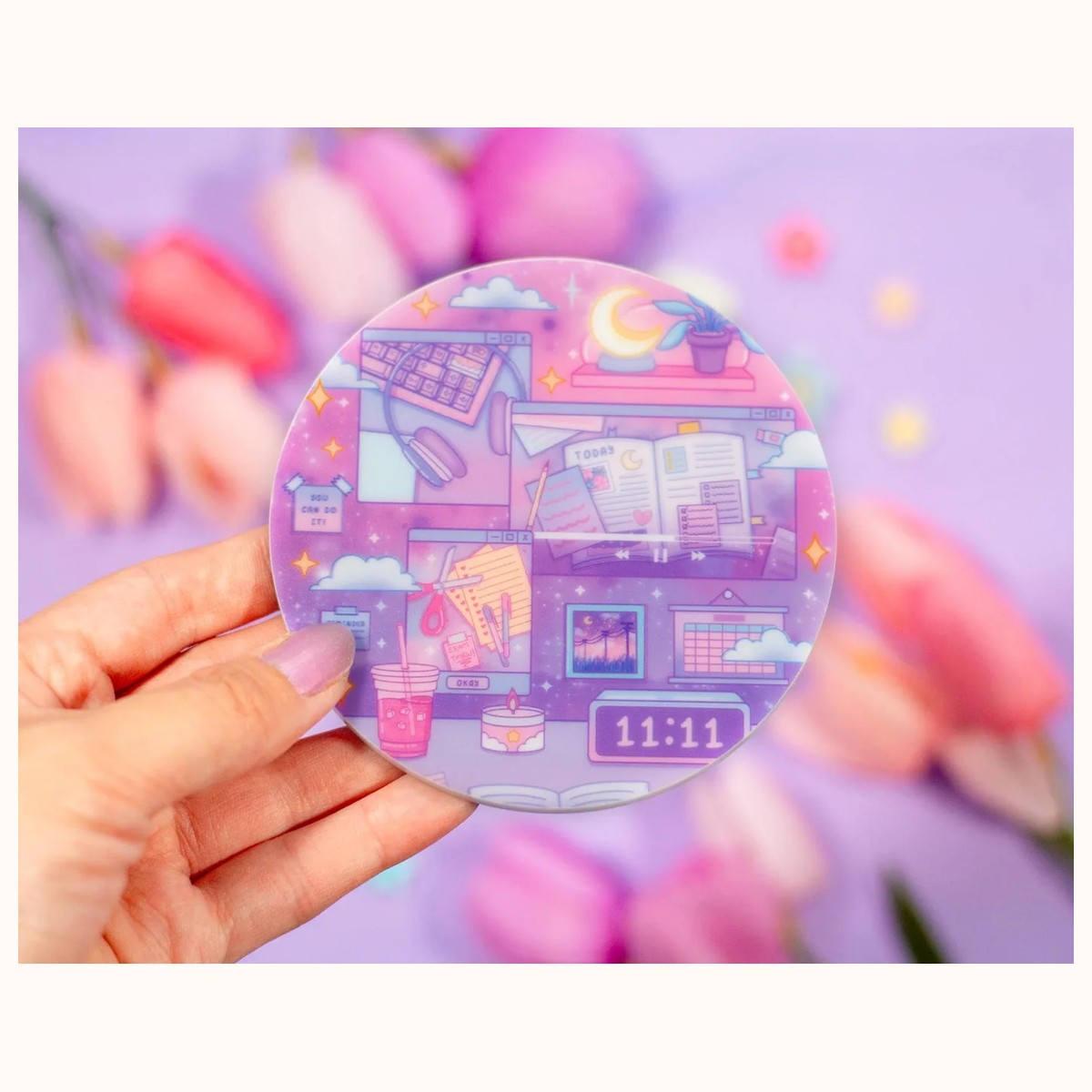Study Night Acrylic Coaster | Kawaii Drinks Coaster Home Decor Accessories view 2