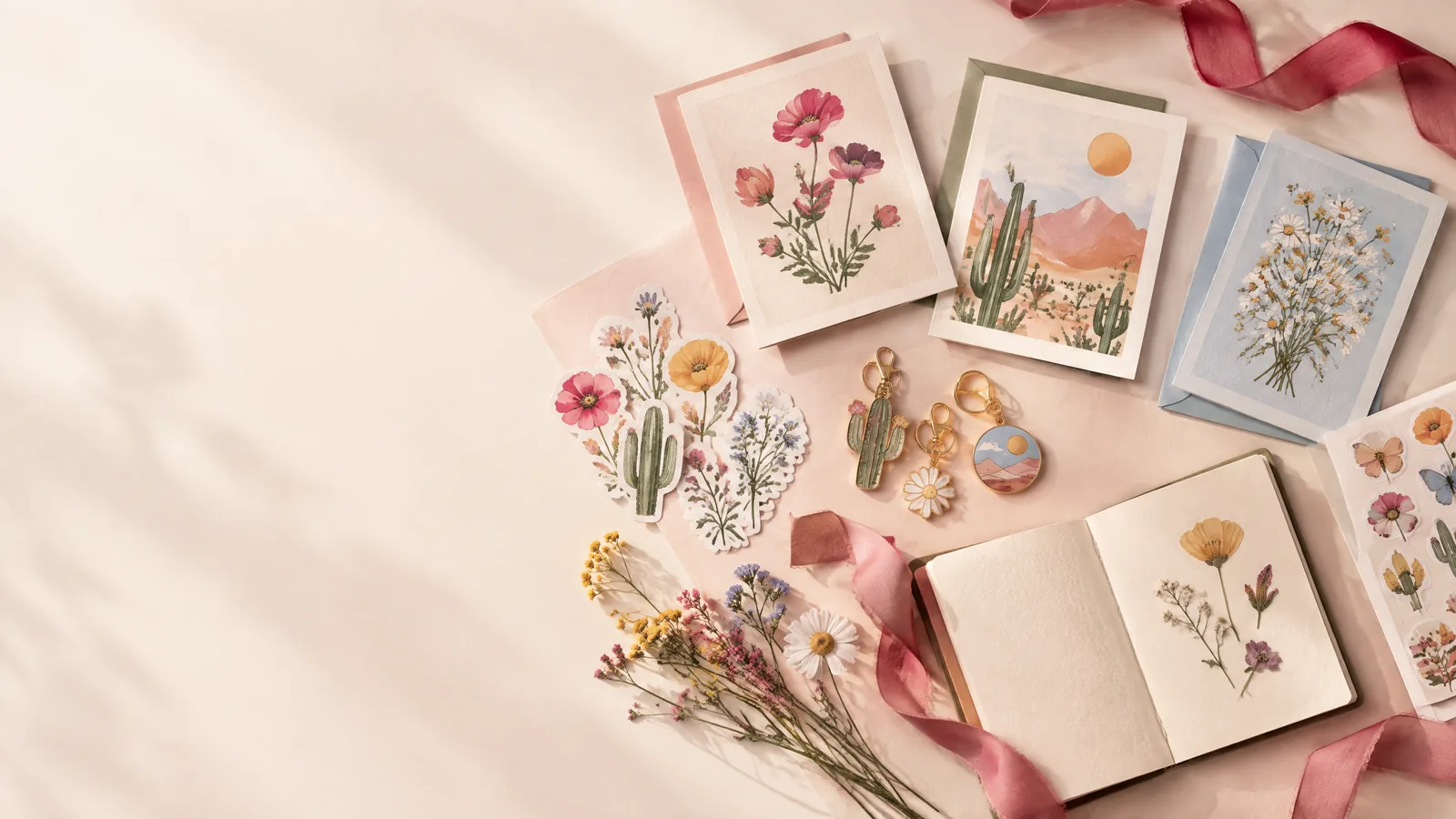 Colorful Farouk Book Store stickers, cards and creative keychains arranged on a cream table